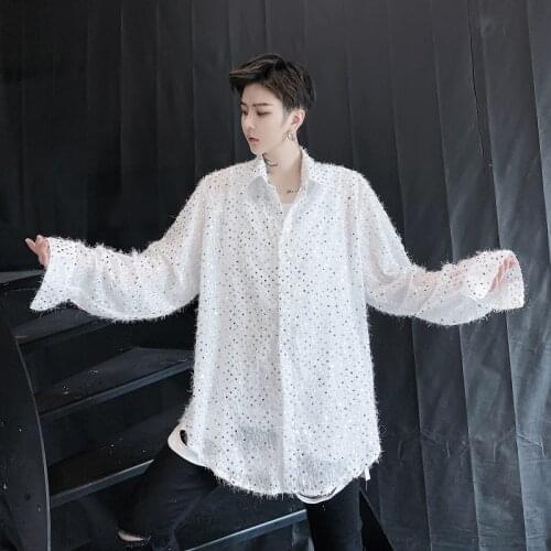 Men Dot Tassel Long Sleeve Casual See Through Thin Shirt Male Women Japan Karajuku Streetwear Loose Shirts Stage Clothing