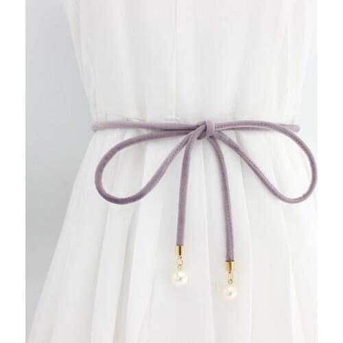 Simple Purple Rope Thin Belt for Dress Women Pearl Knot Tie Fashion Sweater Statement Slim Fabric Type Trendy Casual Ladies Belt