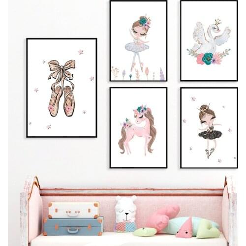 Cute Shoes Ballet Girl Unicorn Swan Nursery Nordic Posters And Prints Wall Art Canvas Painting Wall Pictures Kids Room Decor