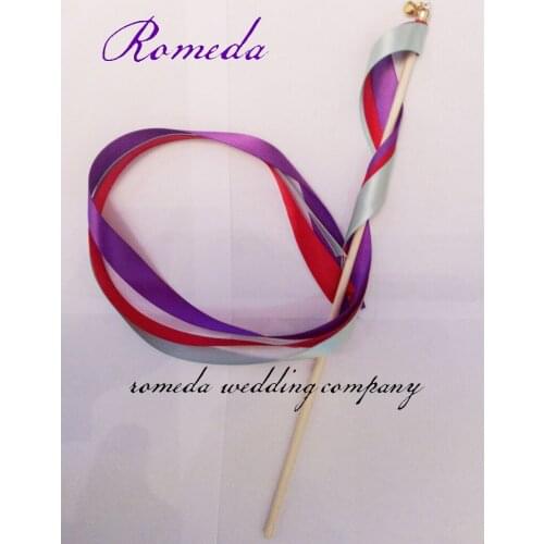Suprise wedding gift 3 pcs (red +purple +light blue) ribbon wands with gold bell for wedding party
