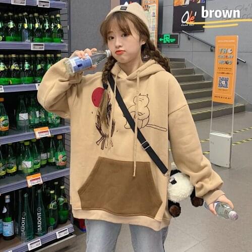Hoodies Womens Autumn Casual Long Sleeve Cartoon Embroidery Hooded Thickening Plus Velvet Female Oversize Lovely Vintage Trendy