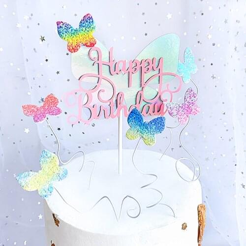 6Pcs/Lot Pink Bule Bow Butterfly Cake Topper Cupcake Flag DIY Happy Birthday Party Baby Shower Cake Baking Dessert Decoration