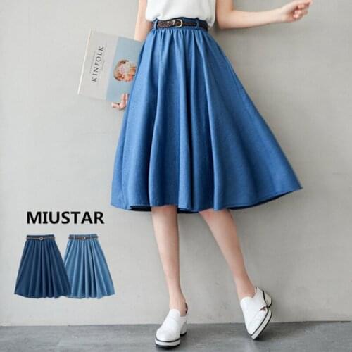 Womens Mid-Length Denim Skirts Korean College Style High Waist All-Match Solid Color A-Line Casual With Belt Skirts 120916WBA