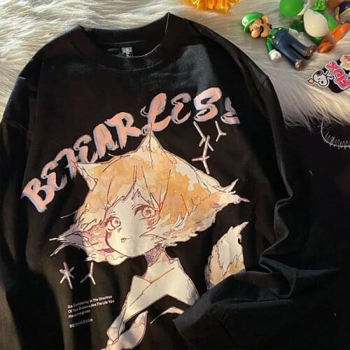 Goth Anime Girl Comics Print Long Sleeve Tops Woman Tshirts 2021 Autumn New Harajuku Fashion Clothes for Teens Japanese Stylish