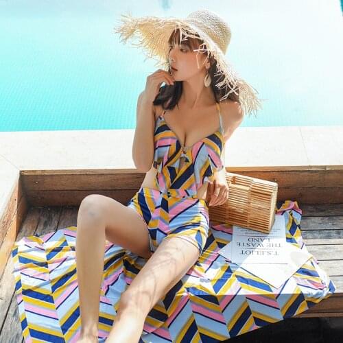 2020 Two-Piece Swimsuits Womens Three-Piece Small Bust Gathering Shawl Outdoor High Waist Slim Striped Swimsuit X6086