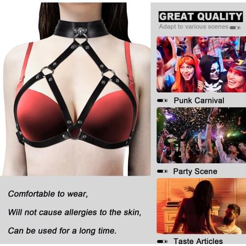 Punk Choker Chest Harness Bra For Women Garter Belt Lingerie Accessories Body Bondage Leather Hanging Neck Tops Bra Underwear