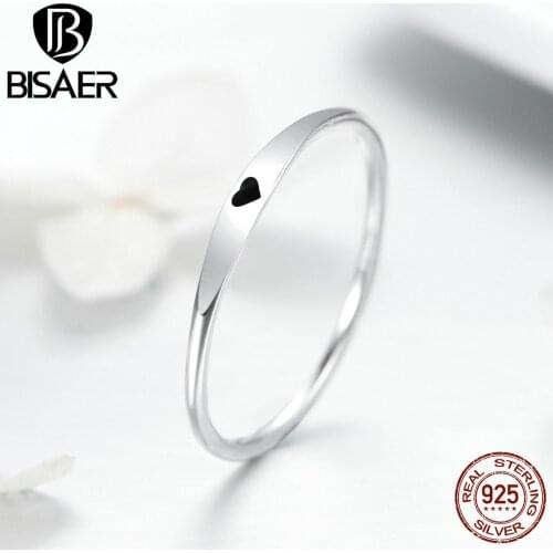 BISAER 925 Sterling Silver Simple Heart Pave Finger Rings for Women Heart Bridal Sets Women Ring Wedding Jewelry Anel ECR468