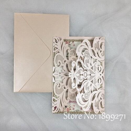 100PCS full set Light pink color laser cutting wedding invitation card with envelopes Backgroud Glitter paper flower printing