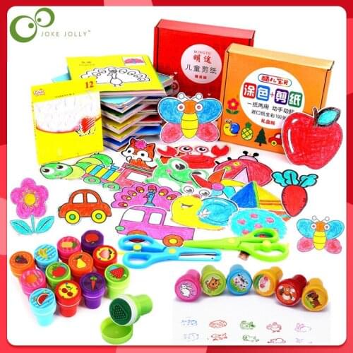 101pcs Kids Cartoon Color Paper & Stamps Drawing Toys Folding and Cutting Toys Kingergarden Art Craft DIY Educational Toys ZXH