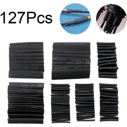 127PCS Black 7 Sizes Cable Sleeve Kits Heat Shrink Tubing Set Assorted Wrap Wire or Home Flame Retardant Electric Cable Tube