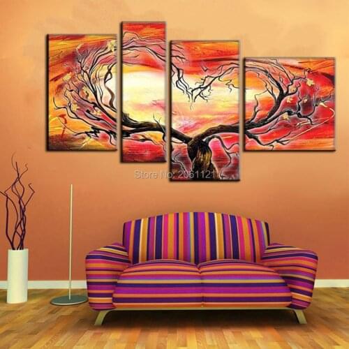 Handpainted 4 Piece cheap Canvas Wall Art red design tree heart Abstract Landscape Picture Oil Painting For Sale