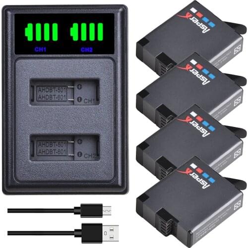 4Pcs 1680mAh AHDBT-501 AHDBT501 Batteries for Gopro Hero 5 6 7+ LED USB Charger with Type C Port For GoPro 5 Hero 6 Hero 7 Camer