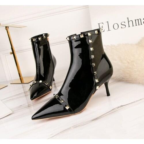 Ankle Boots Women Autumn Winter Patent Leather High Heels Ladies Shoes Sexy Pointed Toe Rivet Punk Black White Martin Boots