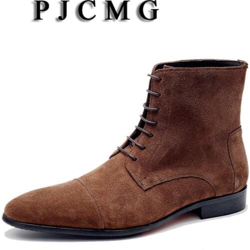 PJCMG High Quality Men Boots Lace-Up Ankle Waterproof Rubber Casual Genuine Nubuck Leather Military Boots For Wedding Business
