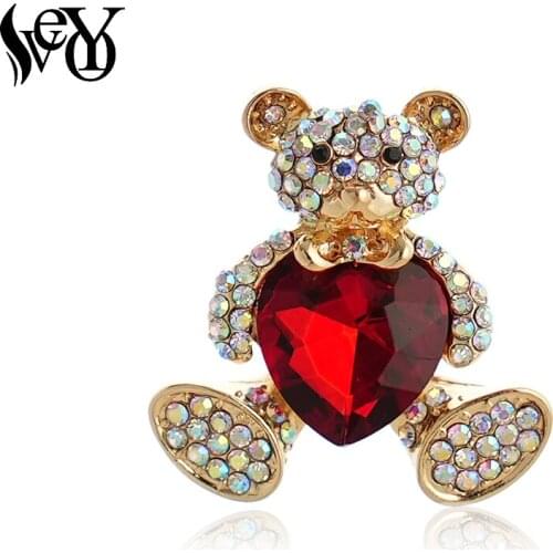 VEYO Red love bear Crystal Rhinestone Brooches Pins Cute Brooch backpack Badge for Women Fashion Jewelry Wholesale