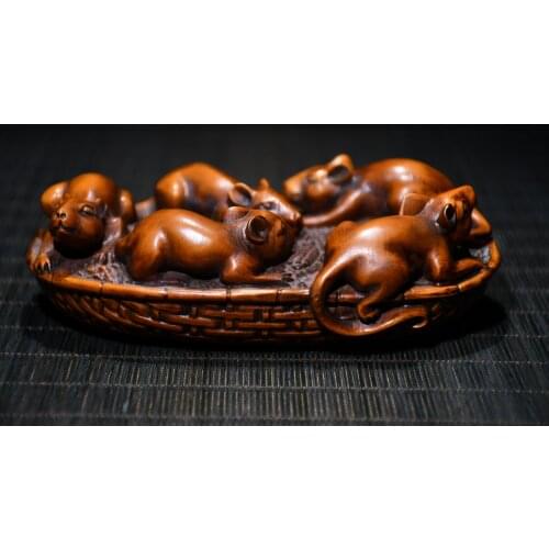 5"Chinese temple collection Old Boxwood Zodiac Rat Statue Five Rats Fortune Play around Office Ornaments Town House Exorcism