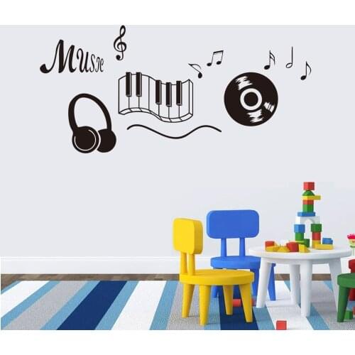 Classic Record Earphone Piano Keyboard Music Note Wall Art Mural Stickers Living Room Fashion Wall Tattoo Black Vinilos Paredes