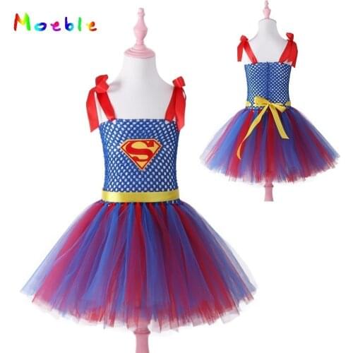 Red Blue Superhero Girls Costume Tutu Dress Children Supergirl Dresses for Girl Cosplay Halloween Kids Party Dresses Vestidos