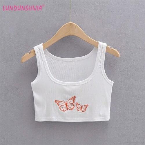 LUNDUNSHIJIA 2020 New Sexy Women Crop Top Sleeveless Short Style White Ribbed Cotton Tank Top Butterfly Embroidery Tube Tops