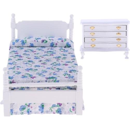 2pcs 1/12 Dollhouse Miniature White Cabinet Drawer & Single Bed Set Single Bed Furniture Accessory Bedroom Furniture
