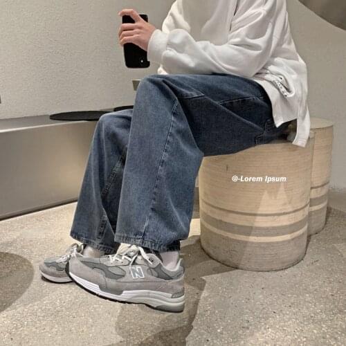 2021 Summer Korean Mens Straight Jeans Washed New Harajuku Loose Ins Mid-Waist Jeans Stitching Temperament Trend Men