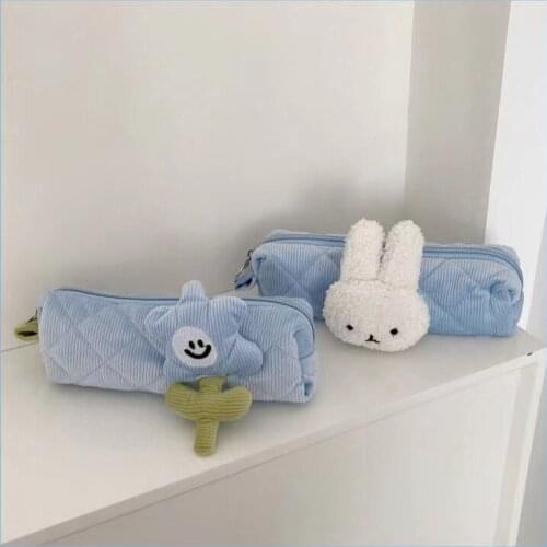 Soft Blue Corduroy Flower Rabbit Pencil Case Student Stationery Storage Bag Kawaii School Supplies Back To School Cute Bag