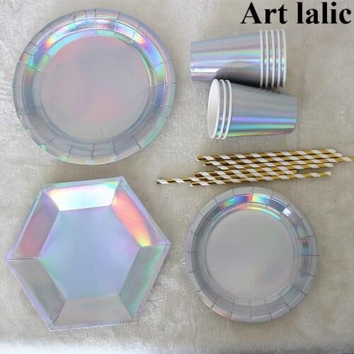 Iridescent Paper Disposable Tableware Sets Plates Napkins Cups Straws High Quality Cowhide Paper Material Party Supplies