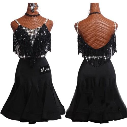 2019 Latin Dance Dress For Women/Girls Rhinestone Black Fringe Dress Salsa Dress Professional Competition Latin Dresses VDB163