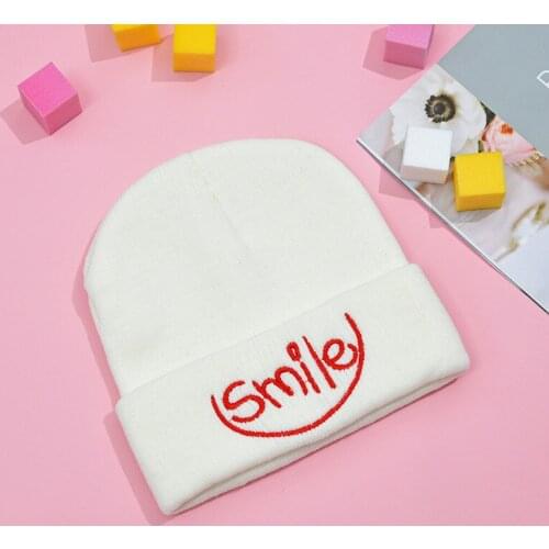Women Embroidered Smile Letter Crochet Knit Cap Beanie Autumn Winter Solid Color Warm Skullies Beanies Caps Female Knitted Hat