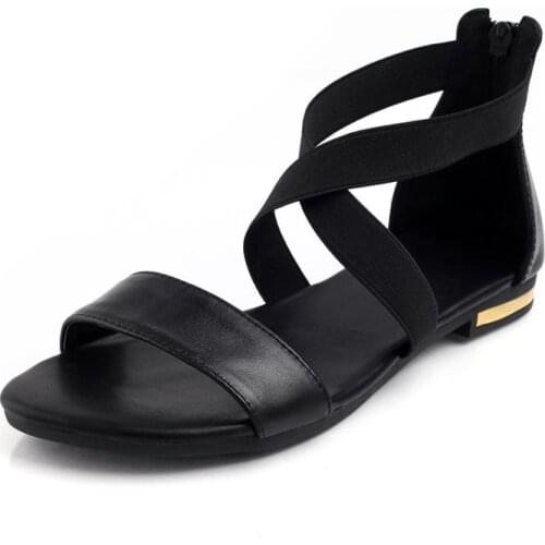 2019 Genuine Leather Women Sandals Hot Sale Fashion Summer Sweet Women Flats Heel Sandals Ladies Shoes Black