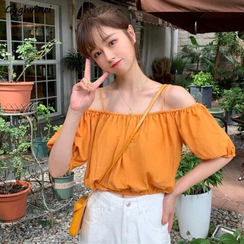 Short Puff Sleeve T-shirts Women Solid Off-shoulder Crop Tops Slash-neck Sexy Sweet Womens Summer Tshirt Streetwear Tees Ulzzang