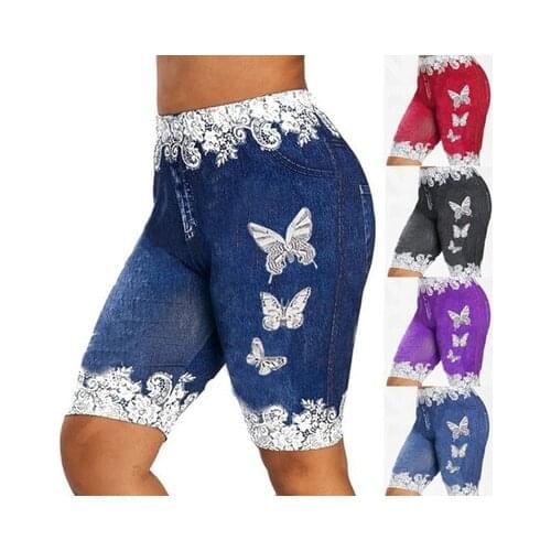 Women Yoga Shorts Leggings Summer Fake Denim Ladies Short Pants Summer Floral Printed High Waist Female Shorts