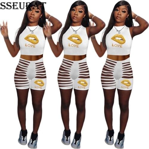 SSEURAT Sexy Print Lips Shorts Set Women Summer One Sleeve Top And Hollow Out Shorts Suits Clubwear 2 Piece Outfits