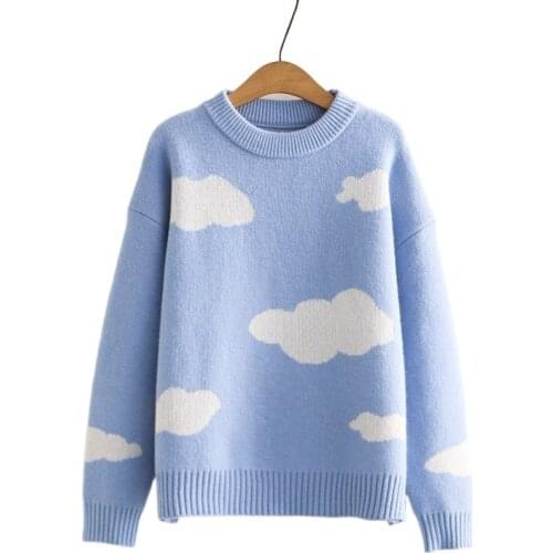 Clouds Embroidery Knit Women Blue Sweaters 2021 Winter Thick Warm Sweet Jumpers Korean Fashion Girls Harajuku Soft Pullover Tops