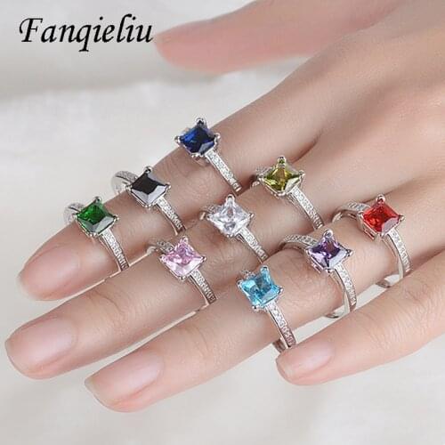 Fanqieliu Colorful Crystal Square Real 925 Sterling Silver Ring For Women Luxury Jewelry Wedding Bands FQL20503