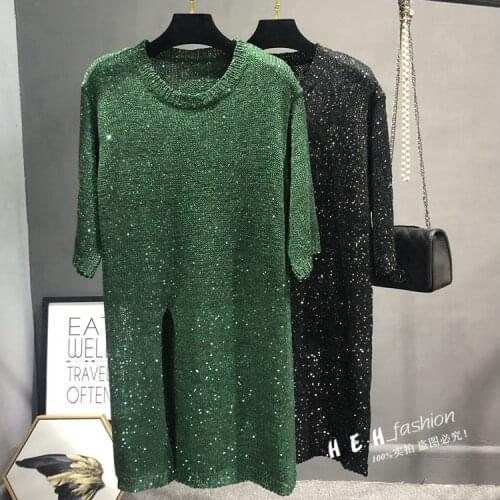 Cakucool new shiny knitted dress spring o neck half sleeve high slit solid midi vestidos loose large size womens clothing