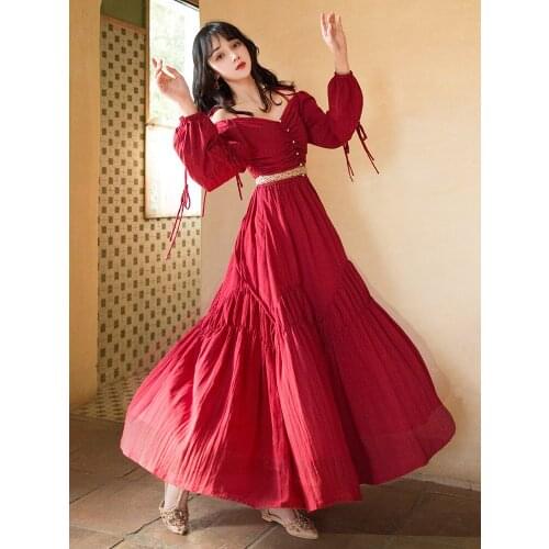 Yi Lin Kay 2020 spring and summer personality fashion Folk customs ruffles red chiffon vintage dress maxi dress