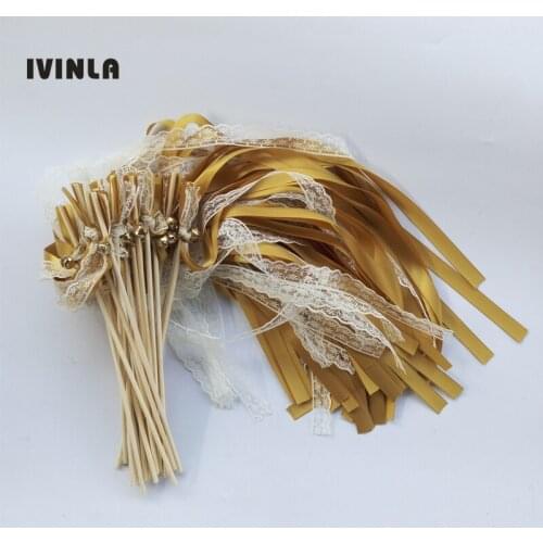 50Pieces/Lot Gold wedding ribbon sticks with bell for wedding decoration