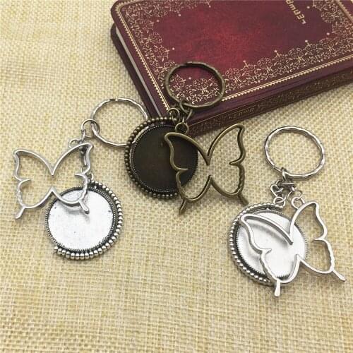 1pcs 3color Key Chains Butterfly Charm 25mm Rotatable Blank Base Cabochon Setting Keychain Handmade Jewekry DIY Making