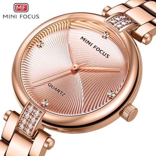 MINIFOCUS Rhinestones Women Watch Luxury Rose Gold Ladies Wristwatches Stainless Steel Quartz Clock Hour Lady Relogio Masculino