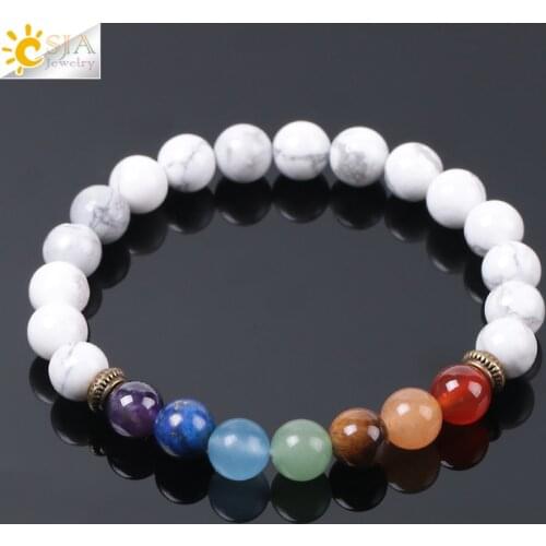 CSJA Rainbow 7 Chakra White Howlite Bracelet for Femme Reiki Healing Mala Tibetan Beads Meditation Balancing Ethnic Bangles E957