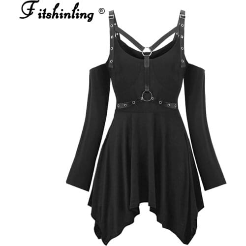 Fitshinling Open Shoulder Strap Gothic Dresses For Women Grunge Punk Slim Sexy Vestidos Irregular Dark Belt Short Dress Female