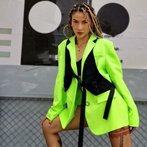 Fluorescent Green Bright Color Blouse Retro Suit Jacket Loose Korean Version Jazz Dance Costumes Hip Hop Rave Clothes DN8879