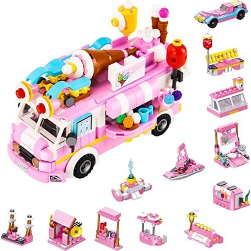 Idea Series Kawaii Donut Ice Cream Car Model Pink Girl Game Balloon Building Blocks Kid Toy Stickers Gift Small Bricks 553PCS