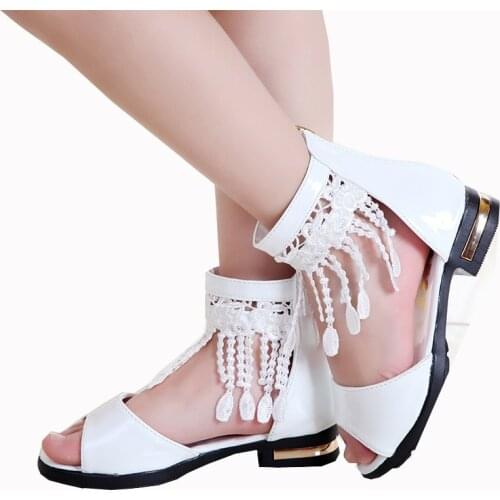 Girls Summer White Pink Tassel Sandals Boots For Teens Girls School Beach Princess Sandals Shoes 5 6 7 8 9 10 11 12 Years New