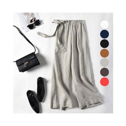 Linen Wide-Leg Pants Womens Cropped Spring New Cotton and Linen Casual Loose Multi-Color Linen Lace-up Bow Pants