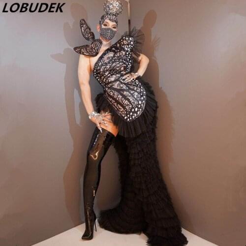 Fashion Women Singer Models Catwalk Costume Black Pearl Butterfly Wing Long Tailing Skirt Dance Outfit Bar Nightclub Stage Wear