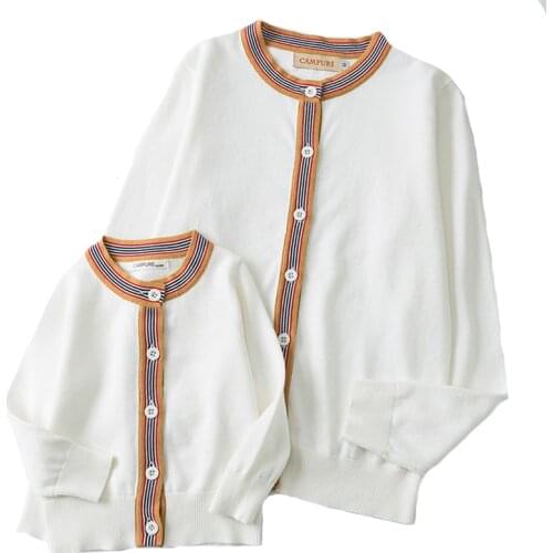 Autumn Family Look Matching Mother and Daughter Son Clothes Kids Sweaters White Knitted Cardigan Coats Soft Mommy and Me Clothes