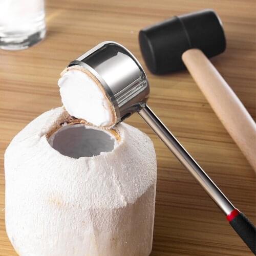 Coconut Opener Tool Set Food Grade 304 Stainless Steel Opener Coconut Meat Tool Easy To Use Durable Wooden Handle Rubber Hammer