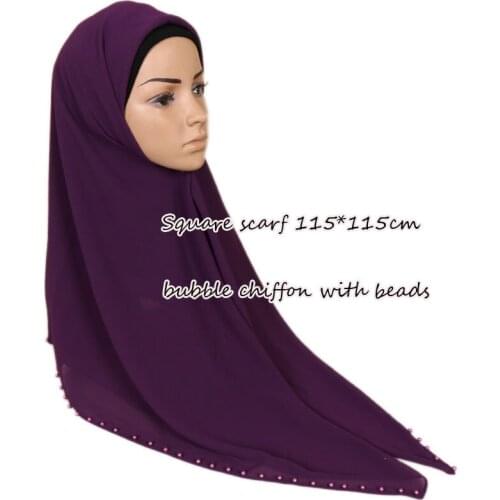 Plain Bubble Chiffon Hijab Square Scarf with Pearl Fashion Muslin Hijabs Neckerchief Womens Head Scarf Muslim Woman Veil Scarfs